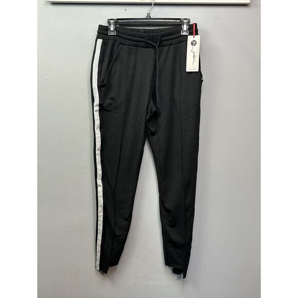 X by Gottex Jogger Pants Womens Small Black Silver Stripe Pockets Notched Ankles - Picture 1 of 9